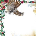 Winter forest animal Christmas watercolor backgroun. Wild owl illustration