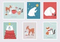 Illustrated Winter Forest Animals With Holiday Wishes For Greeting Cards