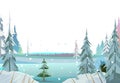 Winter Forest Background. Snowy Coniferous Trees on the shower of a frozen pond or river. Covered with ice. Snow falls