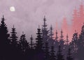 Winter Forest Background, Vector Mountain Landscape. Christmas Tree Firs With Full Moon And Pink Sky. Watercolor Painting Style.