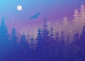 Winter forest with bald eagle in flight, light blue fog background, vector mountain landscape. Christmas tree firs with full moon Royalty Free Stock Photo