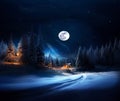 Starry night ,full moon ,winter forest , Christmas trees ,wooden cabin with light in windows Royalty Free Stock Photo