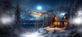 Christmas winter forest , blue night ,starry sky, full moon Christmas trees ,wooden cabin with light in windows, Royalty Free Stock Photo