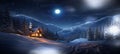 Christmas winter forest , blue night ,starry sky, full moon Christmas trees ,wooden cabin with light in windows, Royalty Free Stock Photo