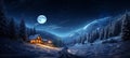 Christmas winter forest , blue night ,starry sky, full moon Christmas trees ,wooden cabin with light in windows, Royalty Free Stock Photo