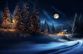 Christmas winter forest , blue night ,starry sky, full moon Christmas trees ,wooden cabin with light in windows, Royalty Free Stock Photo