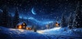 Christmas winter forest , blue night ,starry sky, full moon Christmas trees ,wooden cabin with light in windows, Royalty Free Stock Photo