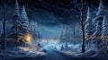 Winter forest at Christmas night, dreamy landscape with magical lights, snow and starry sky. Fairy tale snowy woods. Theme of New Royalty Free Stock Photo