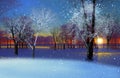 Winter forest ,city park trees covered by snow northern light ,sunset light on starry night sky and moon