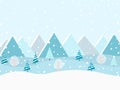 Winter forest at daylight and blue mountains snowy landscape. Vector illustration