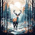 Winter Forest Deer. Flat Style Illustration in Blue and Brown colors