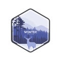 Winter forest deer label. Pine landscape, mountains covered with snow. The concept for the logo, postcards, Web sites