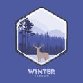 Winter forest deer label. Pine landscape, mountains covered with snow. The concept for the logo, postcards, Web sites