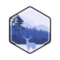 Winter forest deer label. Pine landscape, mountains covered with snow. The concept for the logo, postcards, Web sites