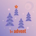 Winter forest, four Christmas trees, one tree with burning star, snowflakes, moon. First Sunday of Advent. Vector illustration