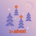 Winter forest, four trees, two trees with burning stars, snowflakes, moon. Second Sunday of Advent. Vector illustration in flat