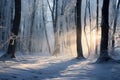 Winter forest with frost and snow, sun rays penetrate through the trees