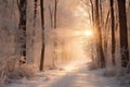 Winter forest with frost and snow, sun rays penetrate through the trees