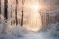 Winter forest with frost and snow, sun rays penetrate through the trees