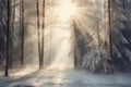 Winter forest with frost and snow, sun rays penetrate through the trees