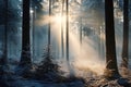 Winter forest with frost and snow, sun rays penetrate through the trees