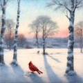 Winter in the forest landscape with cardinal birds