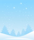 Winter forest landscape. Christmas background for greeting card. Blue sky with snow and stars, snowy forest. Vector