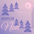 Winter forest landscape, moon, blizzard. Joyeux Noel, Merry Christmas in French. Vector illustration in pastel purple and pink Royalty Free Stock Photo