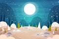 Winter Forest Landscape Moon Shining Over Snowy Trees, Merry Christmas And Happy New Year Banner Holidays Concept