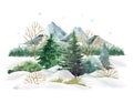 Winter forest landscape nature scene. Watercolor illustration. Hand drawn snow, mountains, trees, bush. Winter wild