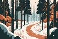 Winter forest landscape with road and trees. Vector illustration in flat style Royalty Free Stock Photo