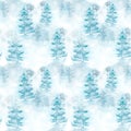 Winter forest landscape seamless pattern watercolor hand drawn. Royalty Free Stock Photo