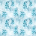 Winter forest landscape seamless pattern watercolor hand drawn. Royalty Free Stock Photo