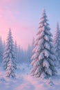 winter forest landscape with snow-covered pine trees in pink and blue pastel light Royalty Free Stock Photo