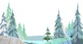 Winter Forest Landscape. Snowy coniferous trees. Snow drifts. Divided thick spruce pine thickets. Foggy frosty horizon Royalty Free Stock Photo