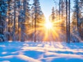 Winter forest landscape sun rays. Royalty Free Stock Photo