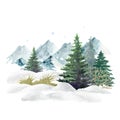 Winter forest landscape. Watercolor illustration. Hand drawn snow, mountains, trees, bush. Winter wild nature landscape