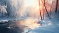 Winter forest landscapewith river. AI generated