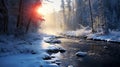 Winter forest landscapewith river. AI generated