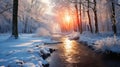 Winter forest landscapewith river. AI generated