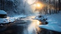 Winter forest landscapewith river. AI generated