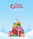 Winter forest with a large pile of gifts in the snow. Christmas card. Christmas background for congratulations. Vector