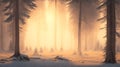 Winter forest in the morning during sunrise, sunlight penetrates the fog, warm colors, AI generation