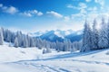 Winter forest with mountain, pine tree and snow. Christmas, new year, winter background, wallpaper . Copy space. Generative Ai Royalty Free Stock Photo