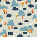 Winter forest and mountains seamless vector background. Winter season pattern. Mountains, forest trees covered in snow