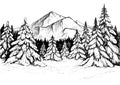 Winter forest in mountains, sketch. Vector hand drawn illustration