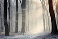 Winter forest with mystical morning fog Royalty Free Stock Photo