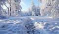 Winter forest, nature frozen beauty in tranquil scene generated by AI