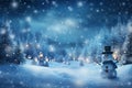 Winter forest at night with cute snowman, pine tree and snow. Christmas, new year, winter background, wallpaper. Generative Ai Royalty Free Stock Photo