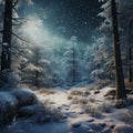 Winter forest at night with full moon and snowflakes. Christmas background. Royalty Free Stock Photo
